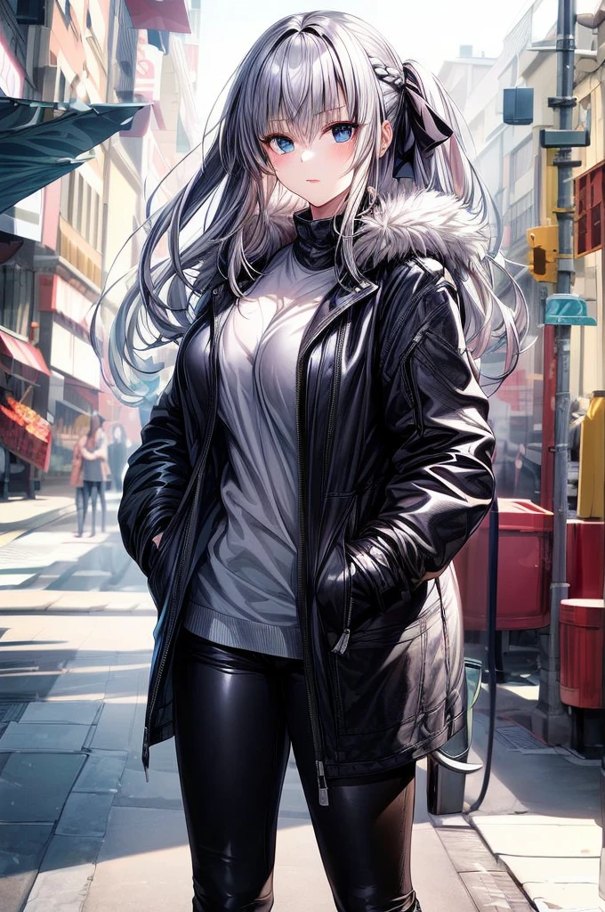 （Enrich the picture，Masterpiece level quality）Beautiful 8K CG artwork,1girl,solo,morgan le fay (fate),detailed face, perfect face, perfect eyes,blue eyes,Long Hair, pony tail,Very long hair, big boob, black bow,Hair Bow, thighs,side locks, French braid, grey hair,Slim and soft,big breasts,black denim short shorts,black thigh boots,