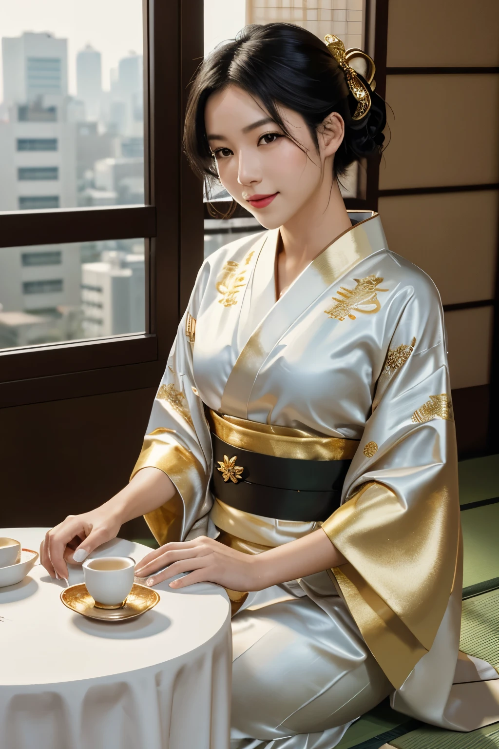 girl, black hair, wavy short hair, bright red lips, shiny lips, shiny skin, shiny eyes, closed mouth, (half closed eye), inviting smile, (stylish and captivating white kimono with gold embroidery:1.2), seiza, (traditional round table), place a tray on one's thighs, (traditional yunomi on table, green tea, steam from the traditional yunomi), hanging scroll, shoji, (traditional and formal Japanese house), (sophisticated city skyscrapers glittering outside the window:1.3), (close up face:1.2), dynamic angle, from side, depth of field, (monochrome:1.4), (flat color:1.3), (emphasize only red and gold:1.3), correct body structure, 8k, RAW photo, (high detailed skin:1.2), 8k UHD, DSLR, soft lighting, high quality, film grain, Fujifilm XT3, RAW candid cinema, 16mm, color graded portra 400 film, remarkable color, ultra realistic, textured skin, remarkable detailed pupils, realistic dull skin noise, visible skin detail, skin fuzz, dry skin, shot with cinematic camera, ((Full-Body Shot)), detailed skin texture, (blush:0.5), subsurface scattering
