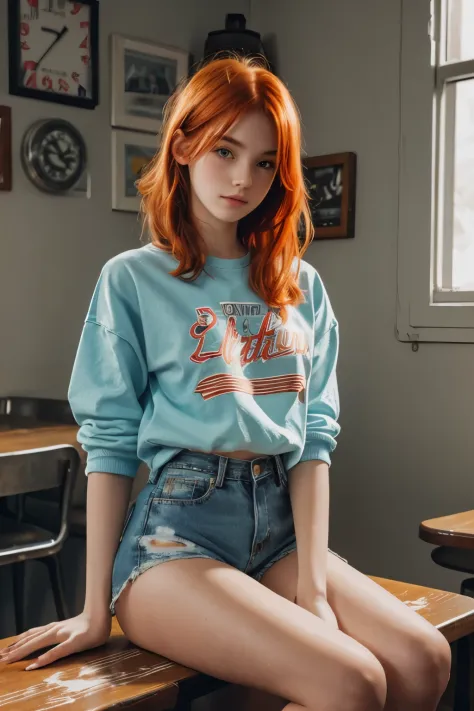 (best quality), ultra-detailed, super detailed skin, cute, lovely, extremely detailed, 8K, solo, 1girl, detailed background, 50's American diner, indoor, 💫, ⭐️,🌟, ✨, dynamic angle, beautiful eyes, blash,((streetwear)), denim shorts, (emphasis splatter ), s...