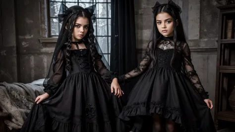 KIDS menina vampira com cabelo longo prateado e um  LOBO., with symbolic gothic net clothing,