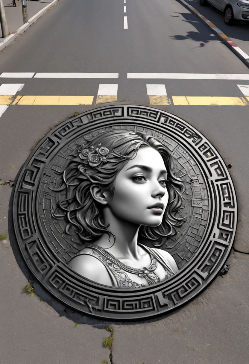fractal art design, high-quality, 4k, 8k, high-resolution, masterpiece:1.2, ultra-detailed, realistic, photo-realistic:1.37, circular manhole cover with relief depicting a woman, detailed girl's side face, featuring a artwork design, installed on the road.