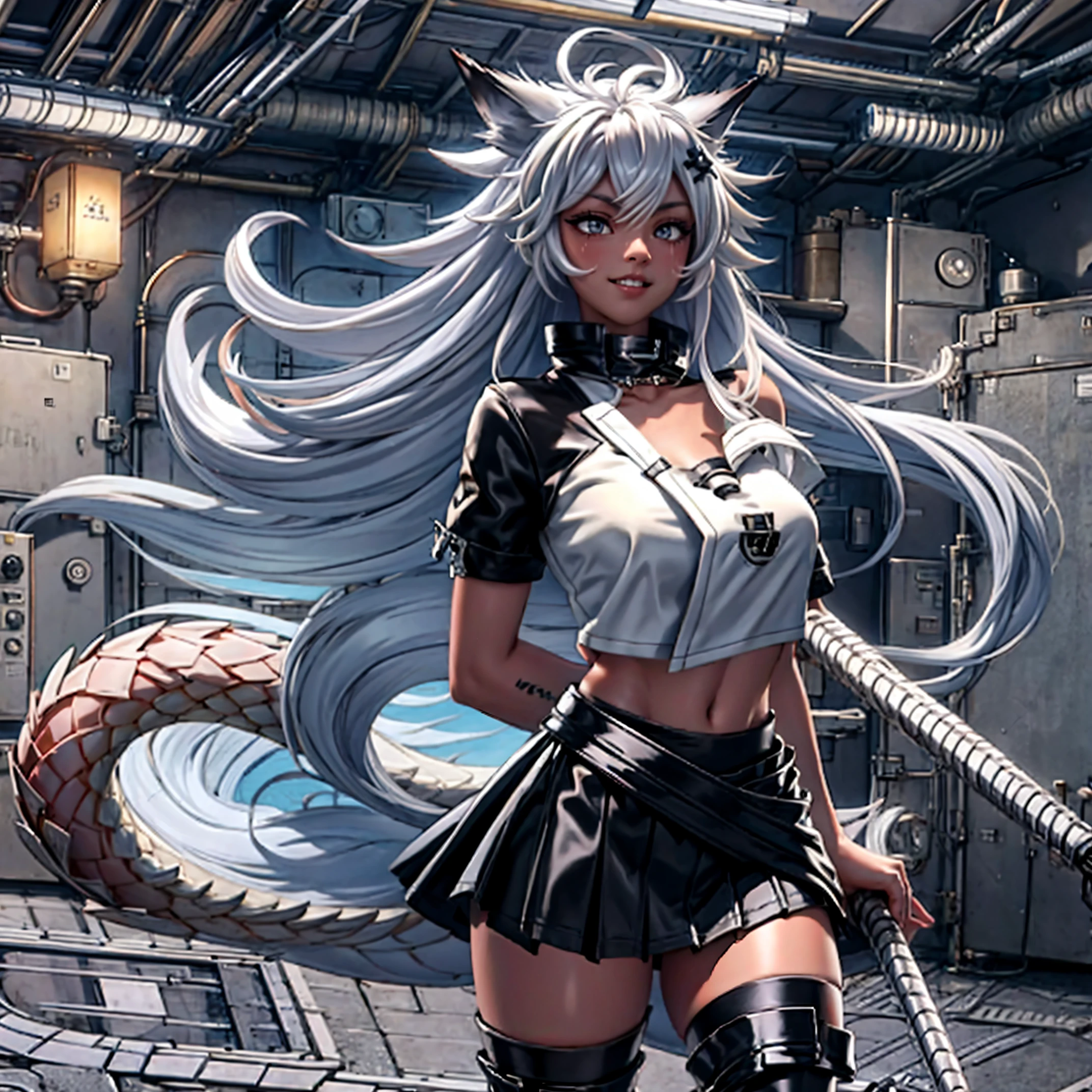 8k, resolution, high quality, high resolution, best quality, extremally detailed, best resolution, absurd resolution, ray tracing, high detailed, masterpiece, extremely detailed,shoulder length white hair, female,2 white wolf ears, teenage girl, slim body, white scale dragon tail,black boots,black leggings, navel blue school skirt, sailor shirt, white jacket, medium size chest, detailed blue eyes, detailed beautiful face,solo female,1 dragon tail, detailed eyes, tomboyish, dragon tail, white scales