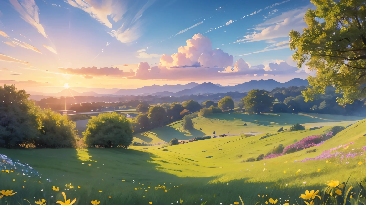 (extremely detailed CG unity 8k wallpaper, masterpiece, best quality, ultra-detailed), luminosity +1.5, floating, high saturation, a serene, idyllic grassland, featuring multicolored petals and foliage, a clear, blue sky, and white, fluffy clouds, sunset