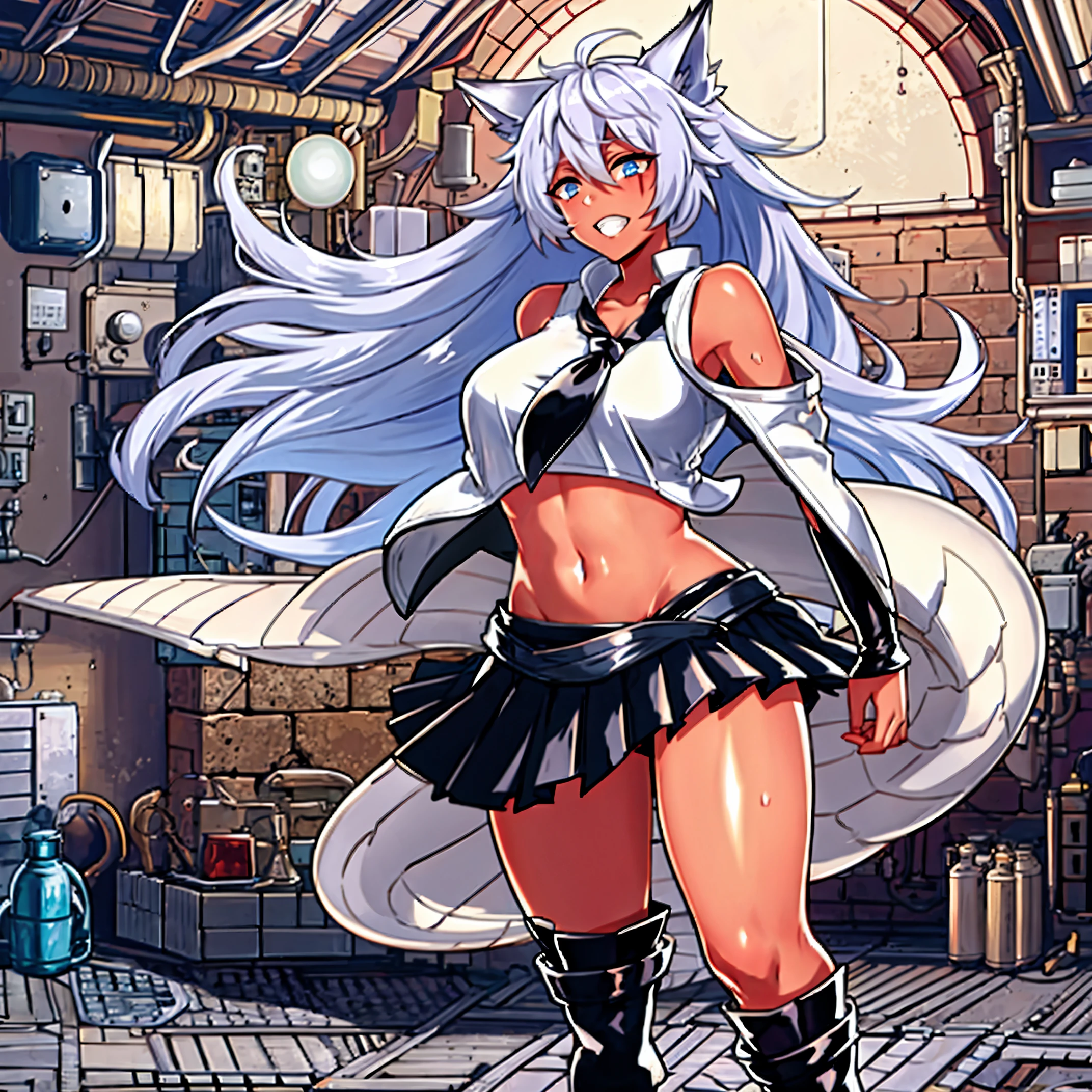 8k, resolution, high quality, high resolution, best quality, extremally detailed, best resolution, absurd resolution, ray tracing, high detailed, masterpiece, extremely detailed,shoulder length white hair, female,2 white wolf ears, teenage girl, slim body, white scale dragon tail,black boots,black leggings, navel blue school skirt, sailor shirt, white jacket, medium size chest, detailed blue eyes, detailed beautiful face,solo female,1 dragon tail, detailed eyes, tomboyish, dragon tail, white scales