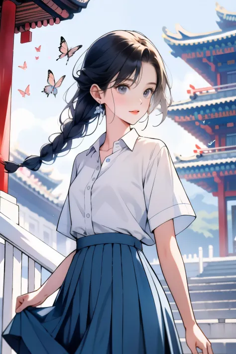 One is wearing a pure white shirt，Paired with azure blue pleated skirt，There is a peach blossom on the temple，girl with braids，F...