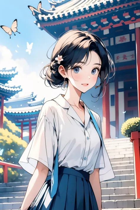 one is wearing a pure white shirt，paired with azure blue pleated skirt，there is a peach blossom on the temple，girl with braids，f...