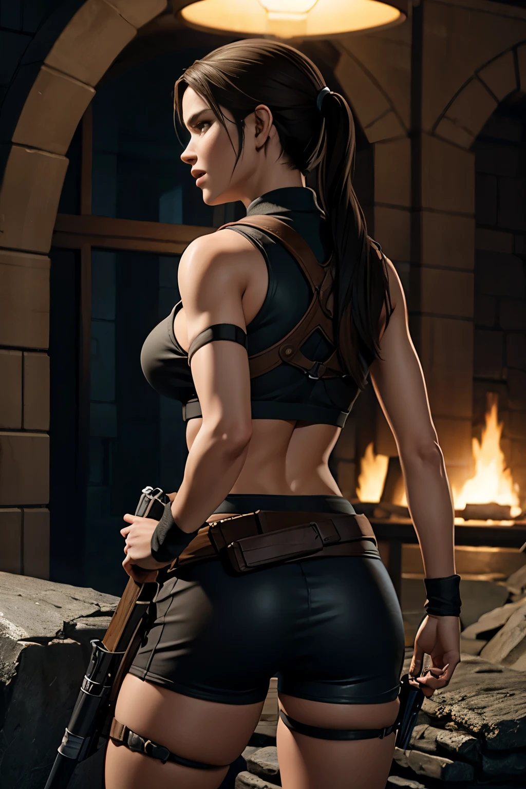 Nsfw, Lara Croft, rise of The tomb raider, (master part, 4k resolution, ultra-realistic, altamente detalhado), (Charismatic, menina no topo da cidade), corpo inteiro, noite, dynamic lights, curvas perfeitas