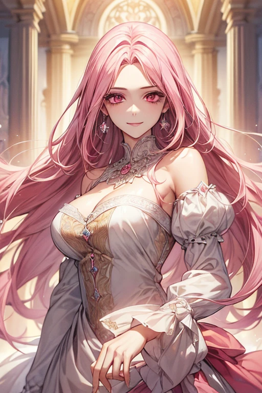 ((muste piece)), ((best quality))、best style、beautiful woman、The most beautiful woman in the world、dress with flowers、wearing a luxurious dress, pink eyes、pink hair、long hair、big breasts、detailed face、best style、smile