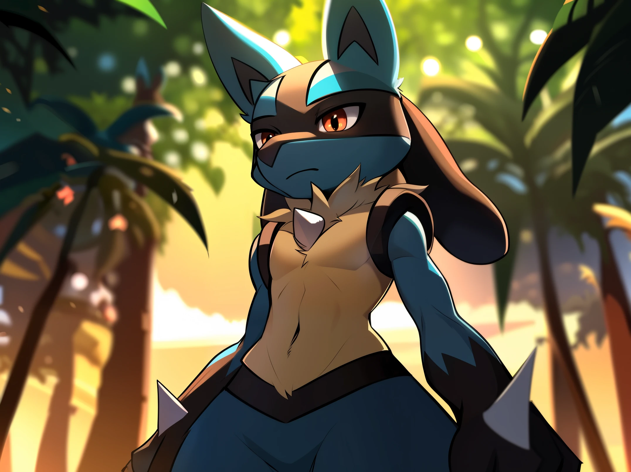 (((Lucario))), (solo), standing, wolf, blue fur, chest spike, male, sunny forest background. up close. Very good figure, cinematic lighting, volume lighting, masterpiece, best quality