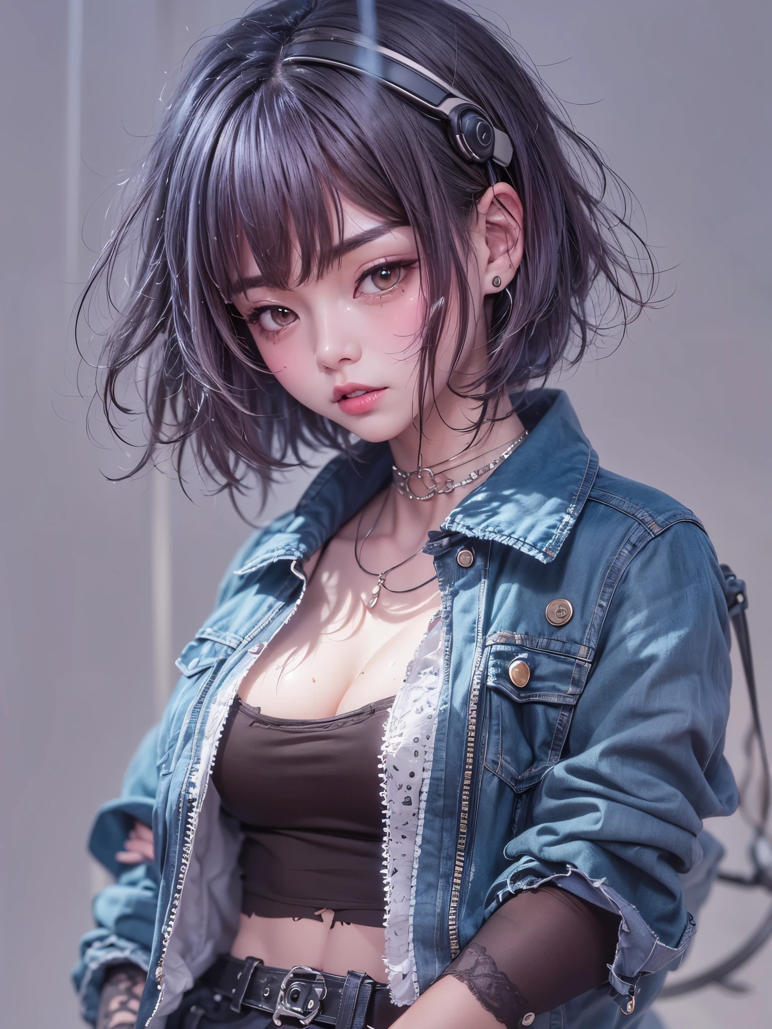 8K、master piece、highest quality、highest level、Highest image quality、muste piece、intricate details、high resolution、depth field、Natural light、professional lighting、(1 person)、solo、asian boyish girl、(cute:1.2)、very beautiful 18 year old cartoon girl、(high detail skin: 1.2)、Photorealistic anime girl rendering、Realistic anime 3D style、short bob cut、、beautiful light brown hair、強烈なblack eyes、strong eye highlights、very big breasts、perfect anatomy、(Torn and tattered damaged denim hot pants)、Wearing shorts、choker、hands behind the back、beautiful brown hair、short hair、crossed bangs、asymmetrical bangs、short bob cut、stick out ears、eyelashes、black eyes、crying and crying、(sophisticated headphones)、(Tattoo on the chest)、Body shiny with oil、Black leather jacket、(metallic bra)、Damaged blue short denim hot pants、it&#39;s raining、The body gets wet from the rain、Decadent and futuristic urban area in the evening、(cyberpunk city)、(Futuristic cars、flashing red light)、(Lightning is glowing)、(Flashing blue and purple neon tubes)、