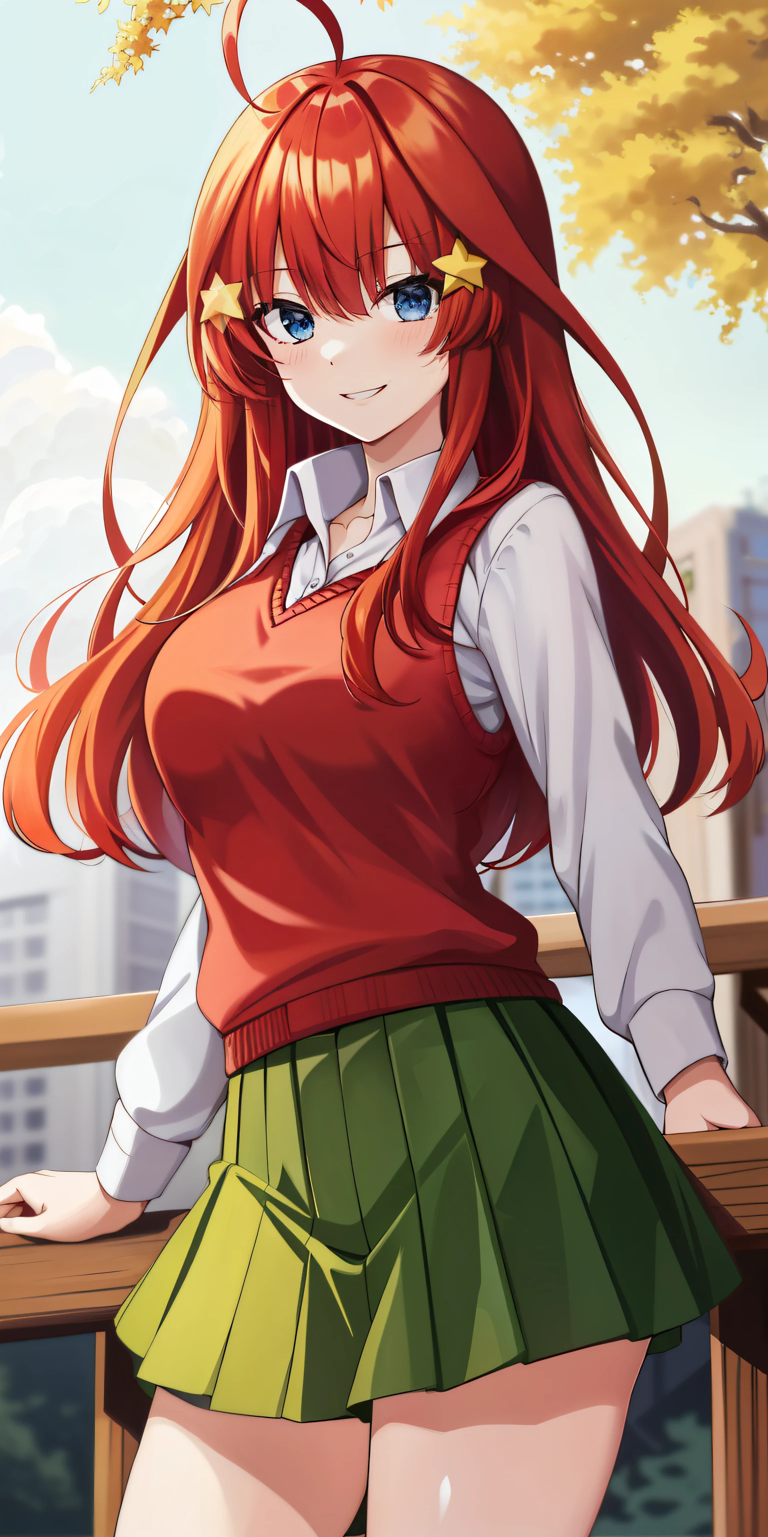 2d, masterpiece, best quality, anime, highly detailed, 1girl, solo, cowboy shot, nakano itsuki, red hair, long hair, star hair ornament, ahoge, red sweater, collared shirt, green skirt, miniskirt, medium breasts, standing, school, outdoors, smile
