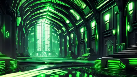 cenario fabrica futurista verde e preto soro verde , surreal fantasy indoor modernist scenery background, luzes flutuantes cyber...