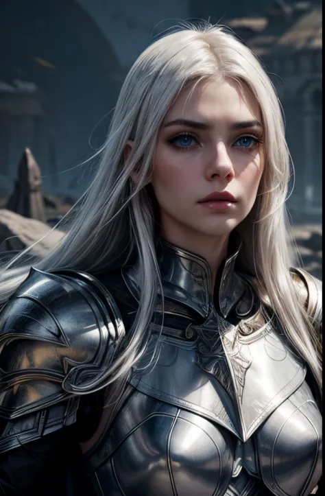 illustration of a beautiful female paladin, long floating white hair, dark eyebrows, dark makeup, ages 35, low neck, white and gold plate armor, floating cape, plate pants, strong face, detailed eyes, bright blue eyes, positive but serious attitude