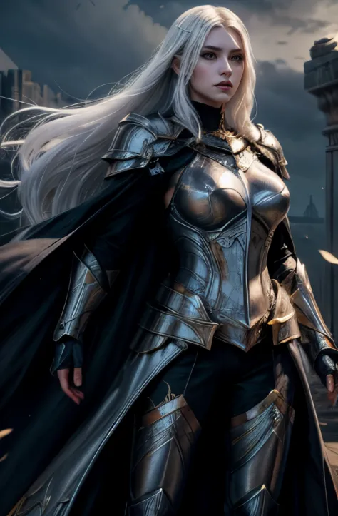 illustration of a beautiful female paladin, long floating white hair, dark eyebrows, dark makeup, ages 35, low neck, white and gold plate armor, floating cape, plate pants, strong face, detailed eyes, bright blue eyes, positive but serious attitude