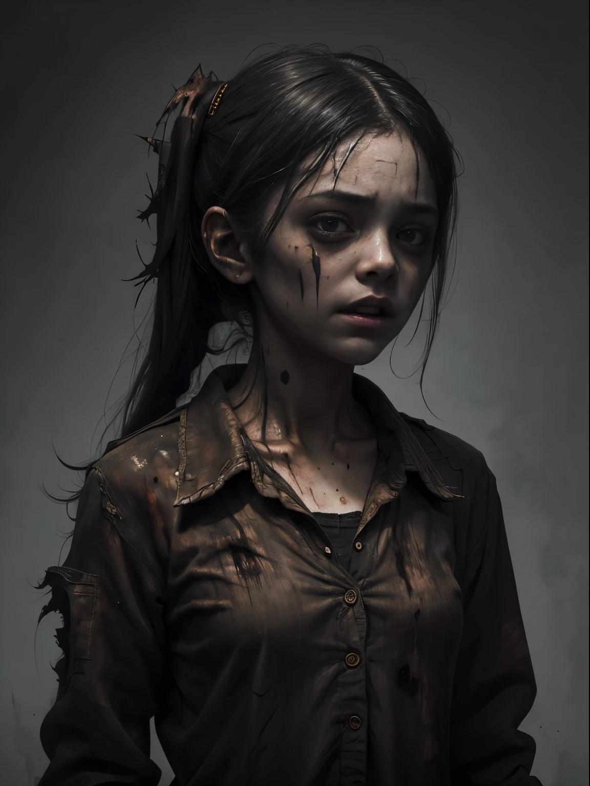 A haunting portrait of a school girl with a face that reflects the horrors of the undead, zombie, empty eyes, Focus on realism and intricate details to capture the unsettling nature of her appearance. Depict her lifeless eyes, decaying skin, and disheveled  in vivid and precise detail, using shading and textures to bring the image to life. Upper body shot