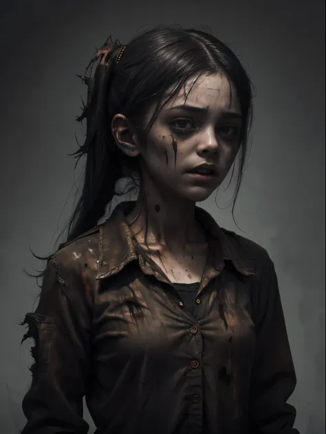 A haunting portrait of a school girl with a face that reflects the horrors of the undead, zombie, empty eyes, Focus on realism a...