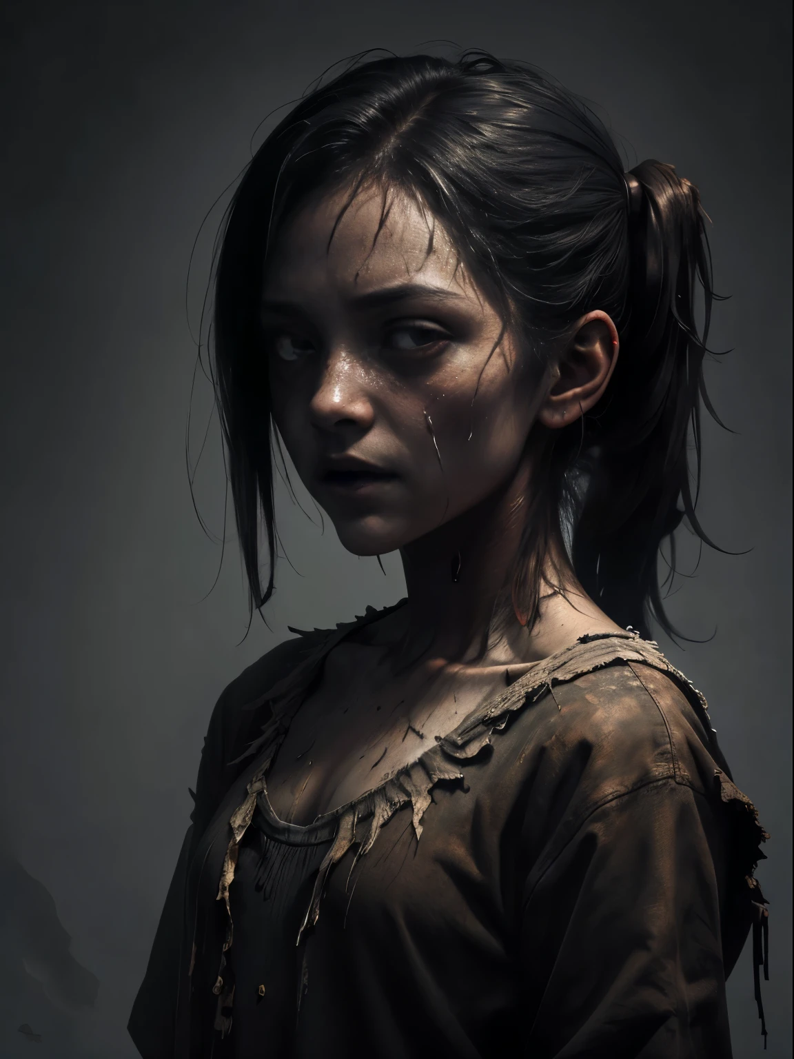 A haunting portrait of a school girl with a face that reflects the horrors of the undead, zombie, empty eyes, Focus on realism and intricate details to capture the unsettling nature of her appearance. Depict her lifeless eyes, decaying skin, and disheveled  in vivid and precise detail, using shading and textures to bring the image to life. Upper body shot
