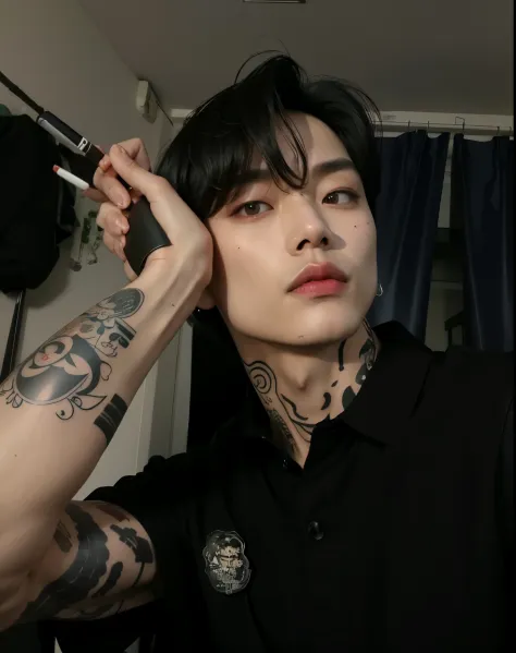 sharp man with a tattoo on his arm holding a cigarette, Korean Demon, homem sul-coreano, pintar ulzzang, inspirado em Kim taehyung, artista coreano, inspirado em taehyung, com tatuagens, com tatuagem, pale korean face