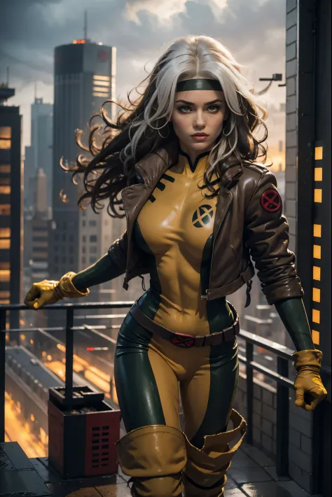 (full body),rogue from the x-men,beautiful detailed eyes,beautiful detailed lips,extremely detailed eyes and face,longeyelashes,beige and white streaked hair,messy wavy hair,green eyes expressive eyes,pale skin,fierce expression,powerful aura,confident pos...