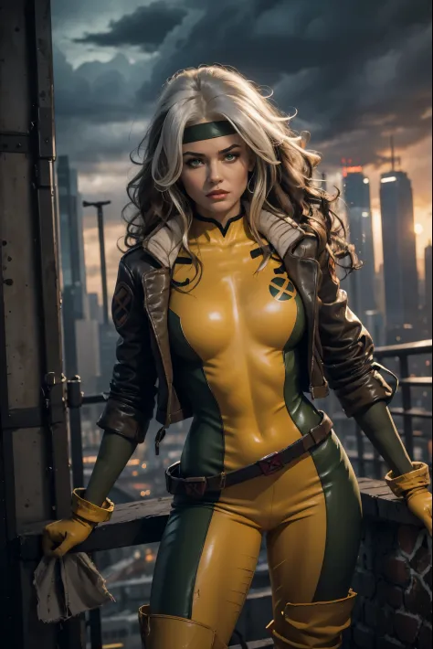 (full body),rogue from the x-men,beautiful detailed eyes,beautiful detailed lips,extremely detailed eyes and face,longeyelashes,beige and white streaked hair,messy wavy hair,green eyes expressive eyes,pale skin,fierce expression,powerful aura,confident pos...