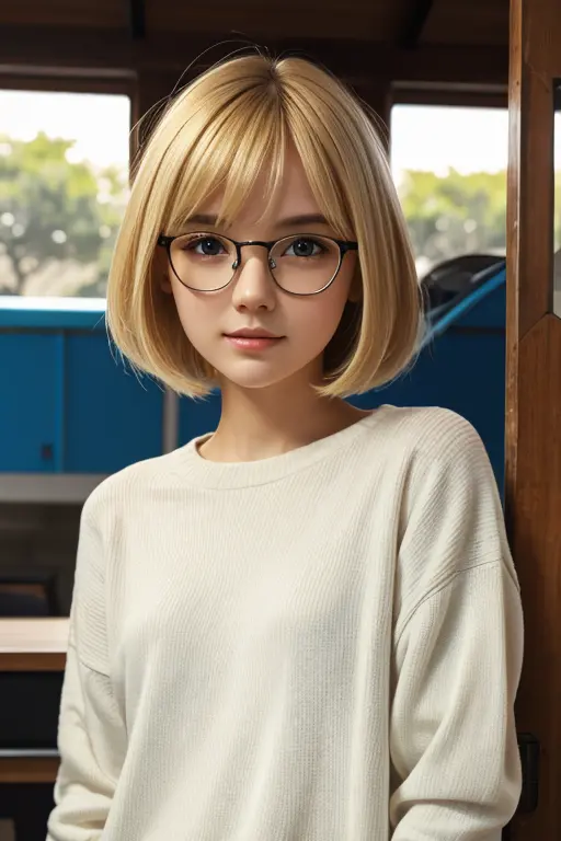 1girl, solo, blonde, bobcut, cute, green eyes, bright pupils, long shirt, glasses, sweater