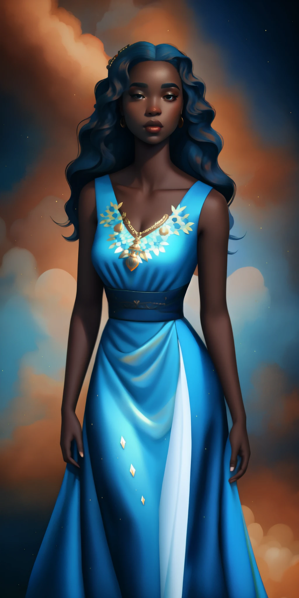 pintura de una mujer negra congoleña con un vestido azul y un fondo de cielo, diosa del amor femenina de piel oscura, retrato vestido azul claro, digital art of an elegant, épico 3d oshun, azur. Cabello detallado, la diosa griega afrotita, vestido azul arremolinado, estilo artístico de charlie bowater, ((una hermosa emperatriz de fantasía)), hermosa ilustración digital, primer plano del arte del personaje