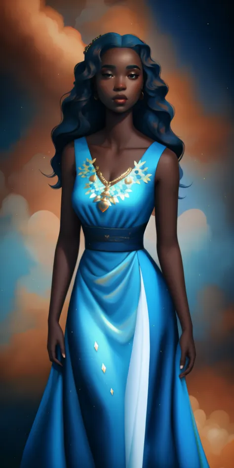 painting of a Congolese black woman in a blue dress with a sky background, dark skin female goddess of love, light blue dress po...