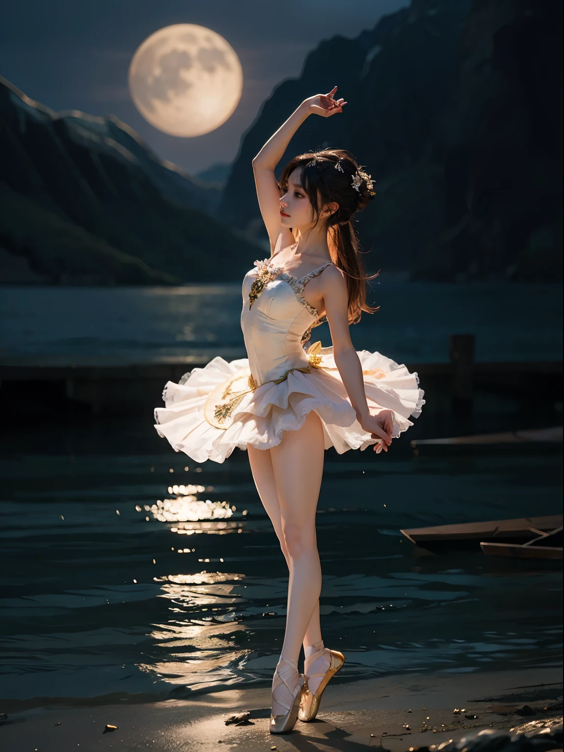 fantasy, high quality, 8k, realistic,photo realistic,RAW photo,photography,High resolution, ultra-definition, highest quality,Dramatic lighting, glitter effect, from below, midnight, moonlight, ballet、Swan Lake、Deep forest lake、full body,BREAK,
A prima donna girl dancing gracefully in the moonlight on a mysterious lake、Arabesque pose、Lonely、1 girl、((luxurious and delicate white tutu)),Semi-long hair,black hair,black eyes、Beautiful legs、Ballet Pointe Shoes, 