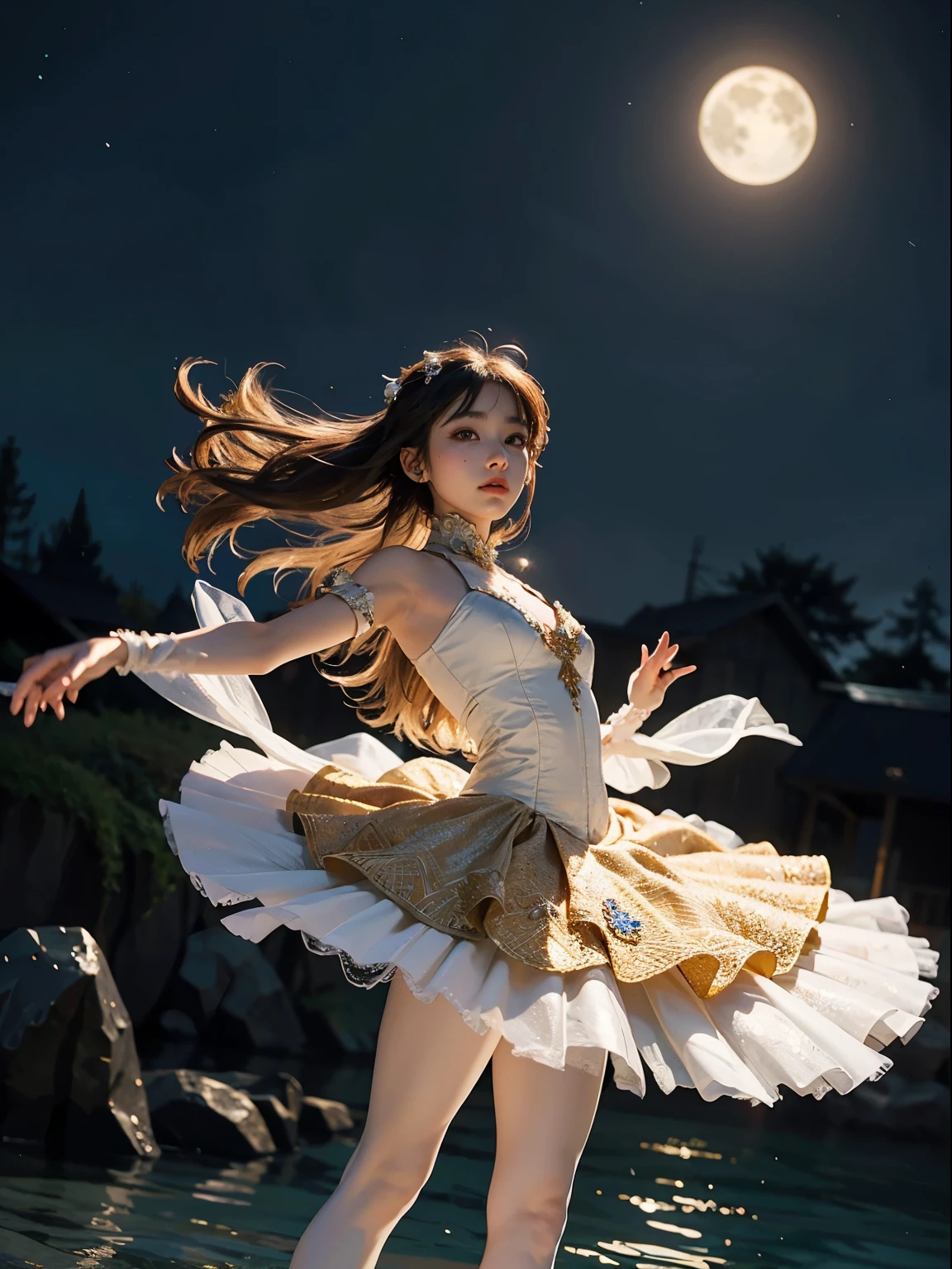 fantasy, high quality, 8K, realistic,photo realistic,RAW photo,photography,High resolution, ultra-definition, highest quality,Dramatic lighting, glitter effect, from below, midnight, moonlight, ballet、Swan Lake、深い森の中の湖、full body,break,
神秘的な湖の上で月光を浴びて優雅にバレエを踊るプリマドンナの少女、Arabesque pose、孤独、1 girl、((luxurious and delicate white tutu)),semi-long hair,black hair,black eyes、綺麗な足、Ballet Pointe Shoes, 