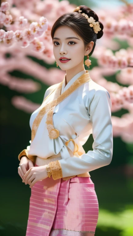 master-piece, 1girl best,looking at the audience,full body,Seduction,clean,Exquisite Face,pure face, captivating beautiful eyes, soft pink lips, Fair-skinned,(beautiful hands:1.2),(( northern Thai Lanna Traditional costume)), ((Keng Tong Tai Khun traditional costume)),((Shan dress)), very elegant dress, luxury and very details Tai Khun traditional outfit,long-haire messy bun with gold flower hairpin, (((wearing many silver bangle, gold earrings, Thai Lanna gold hairpin))),((perfect female figure)),real person,((big breast : 0.9)), full body long shot bokeh effect photography.4k,8k resolution quality image.(((masterpiece: 1.5))), Sakura flowers blooming white and Pink color background, sunlight ray and makes the costume look bright