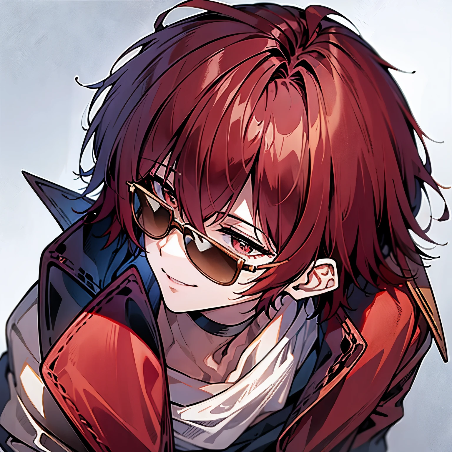 Un hombre con pelo rojo, sonriendo con gafas de sol encima de la cabeza, usando una chaqueta morada