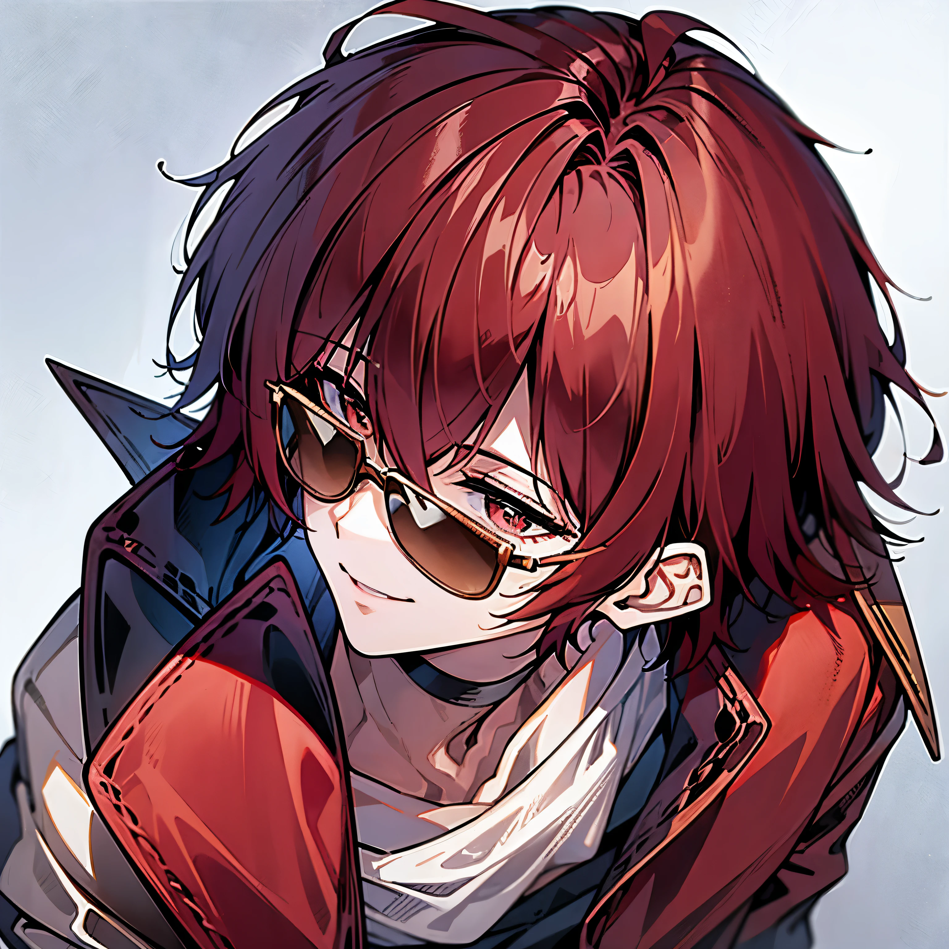 빨간 머리를 가진 남자, 머리 위에 선글라스를 얹고 웃고 있다, 보라색 재킷을 입고