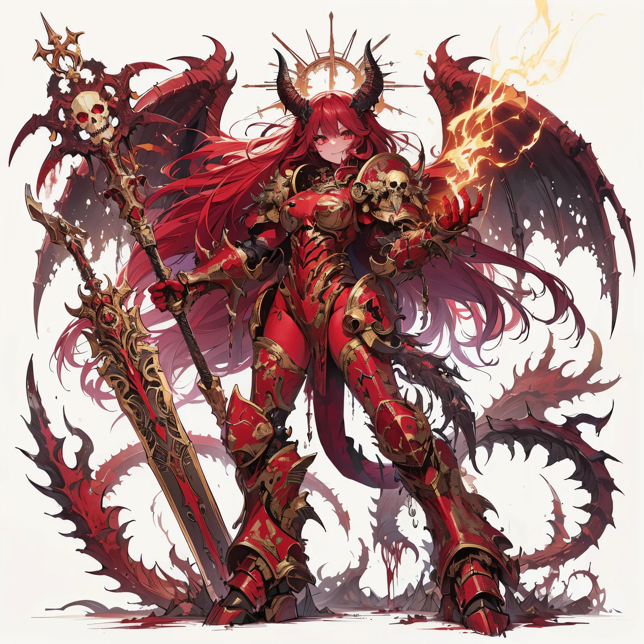 Masterpiece, best quality, ultra-detailed, anime style, full body of Chaos Demon girl, Blood Red and Brass power armor, wild barbarian, held hell sword, pale red skin, clawed and tailed, supernatural Lightning and flame, ((blood skull symbol)), Warhammer 40K, 8k high resolution, trending art station, white background, whole body, standing in battleground. bad smile
