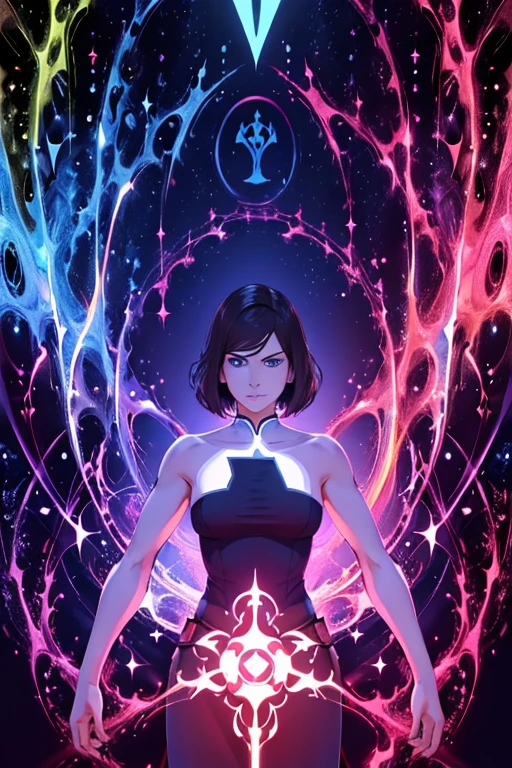 (obra de arte, melhor qualidade, high resolution:1.4), detalhado, detalhes intrincados, 4k, salpicos de cor, arte de linhae, arte, Avatar Korra, psychedelic art, lindo rosto encantador,Detalhes do DMT, alucinante, tarot card style, Mostrar objetos completos