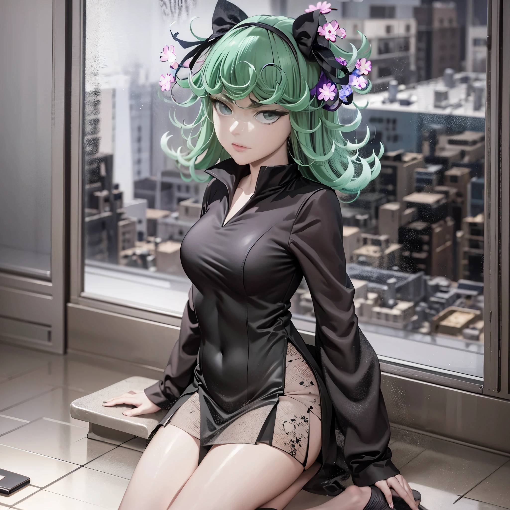 (Masterpiece, Best Quality:1.2), 独奏, 1girl, tatsumaki, unamused, closed mouth, looking a viewer, sitting, 她穿着敦煌飞天衣服, thights, широкие thights,