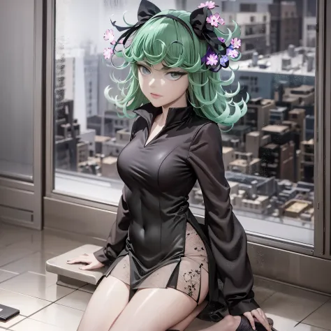 (Masterpiece, Best Quality:1.2), 独奏, 1girl, tatsumaki, unamused, closed mouth, looking a viewer, sitting, 她穿着敦煌飞天衣服, thights, ши...