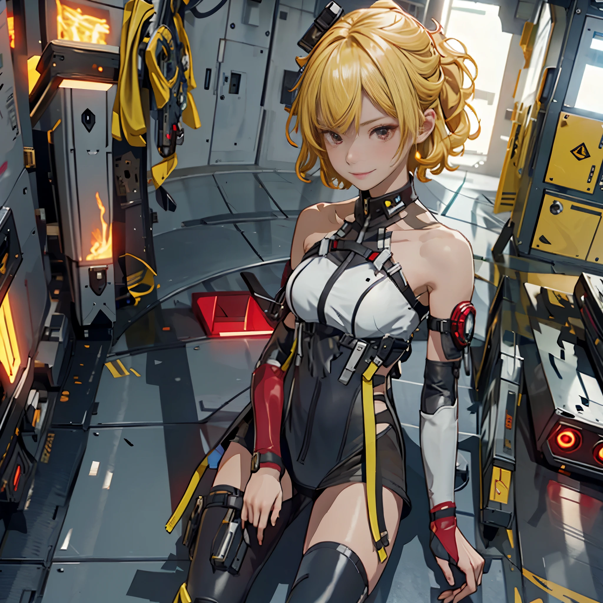 1 girl, tie up hair, short hair, short blond hair, red eyes, innocent smile, black mech armor, cool and sexy face, black thigh knee sock, 8k, Sharp face, Yellow ribbon, battlefield, outside, black crown,  standing, ,Fenny Coronet, Shotgun , one person, alone, 1 head, 2 hands, 2 legs