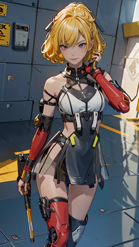1 girl, tie up hair, short hair, short blond hair, red eyes, innocent smile, black mech armor, cool and sexy face, black thigh knee sock, 8k, Sharp face, Yellow ribbon, battlefield, outside, black crown,  standing, ,Fenny Coronet, Shotgun , one person, alo...