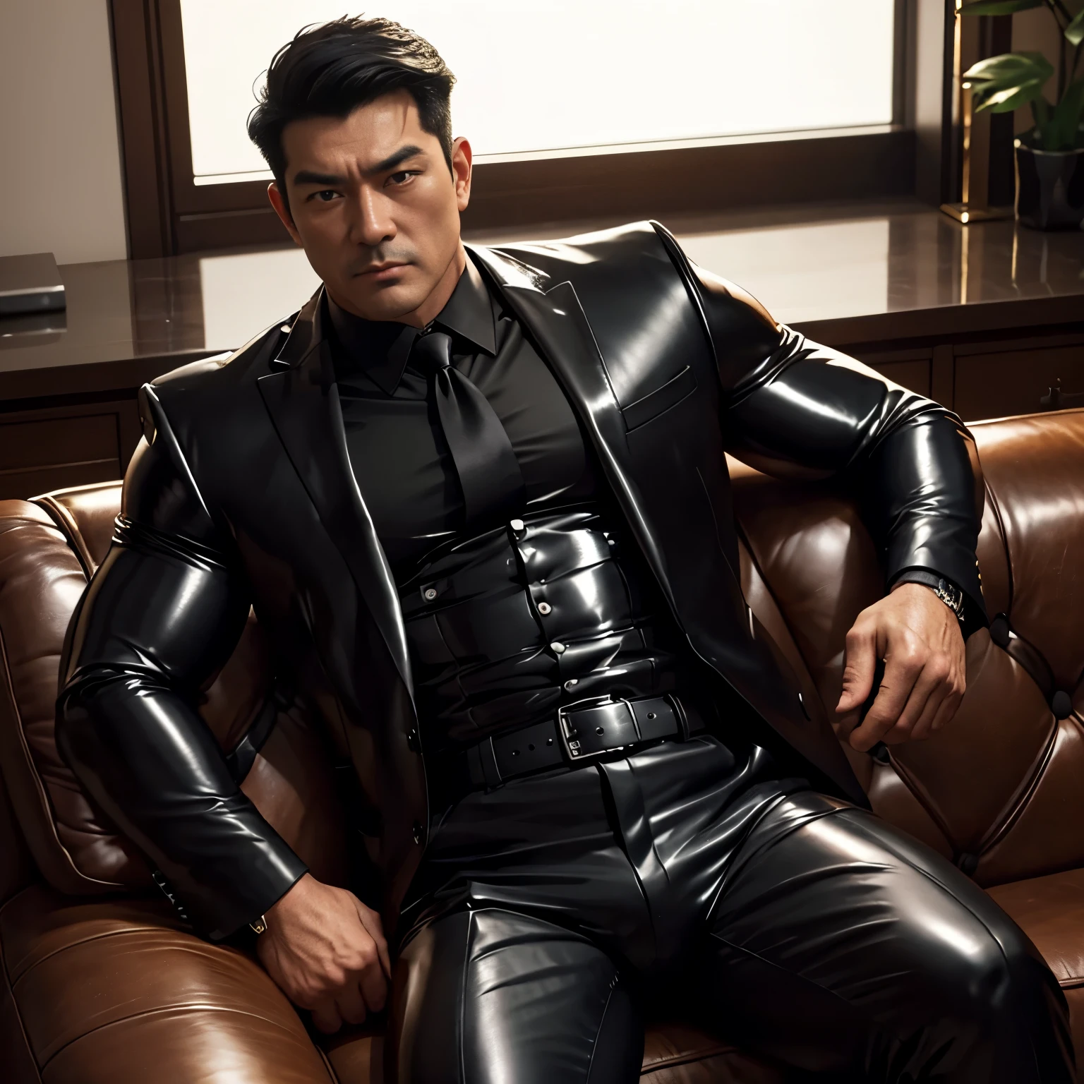 30 years old,daddy,"shiny suit ",Dad sat on sofa,k hd,in the office,"big muscle", gay ,black hair,asia face,masculine,strong man,the boss is,handsome,,leather gloves,lecherous dad,look straight ahead,dad is handsome,dad is handsome ,dad is "horny dad"