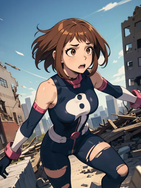 , ochako uraraka,brown hair,brown eyes, short hair, 1girl, (torn bodysuit, super hero, gloves), abstract background, focused exp...