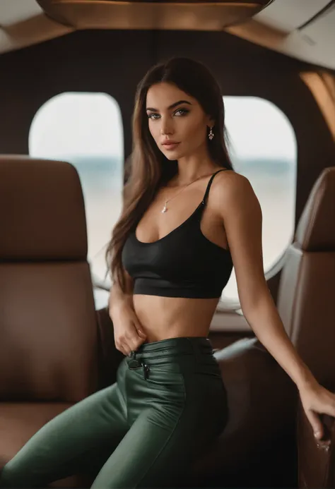 Araffe woman in black top and green pants sitting in a plane - SeaArt AI