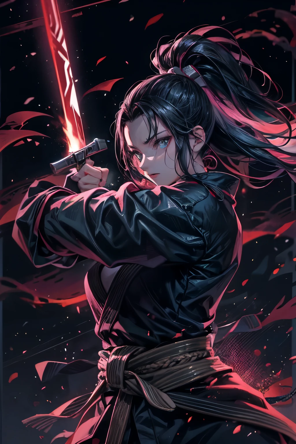 Japanese ninja woman, preparing for battle, in a fighting stance, dagger drawn, in a low stance, night scene, video promotion, black hair, ponytail, shiny hair, beautiful face, beautiful eyes , cinematic lighting, ultra-detailed illustrations, masterpiece, 8K, best quality, super details, Ghibli-style hues, high resolution, dark world