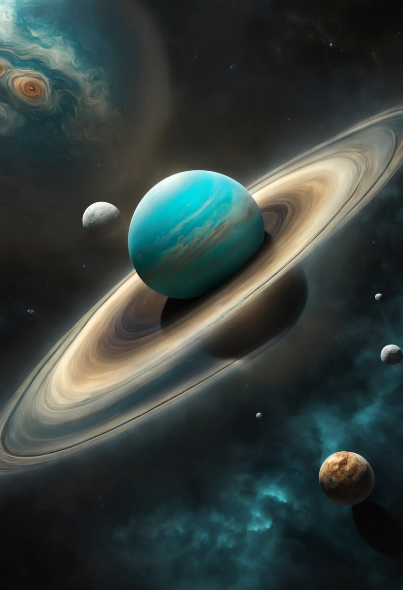 a beautiful realistic representation of Uranus in vivid colors, highres,masterpiece, ultra-detailed, with a photorealistic portrait of the planet's surface, vibrant blue and turquoise hues, capturing the atmosphere and gas giant's distinctive rings, intense studio lighting to bring out its features, highlighting the swirling storms and cloud formations, adding a sense of dynamic movement, with sharp focus on the planetary features, emphasizing the intricate details of the ring system, realistic shadows to enhance depth and dimension, creating a sense of realism, with a touch of science fiction, showcasing the planet's unique position in our solar system, surrounded by distant stars, giving a sense of vastness and cosmic beauty.