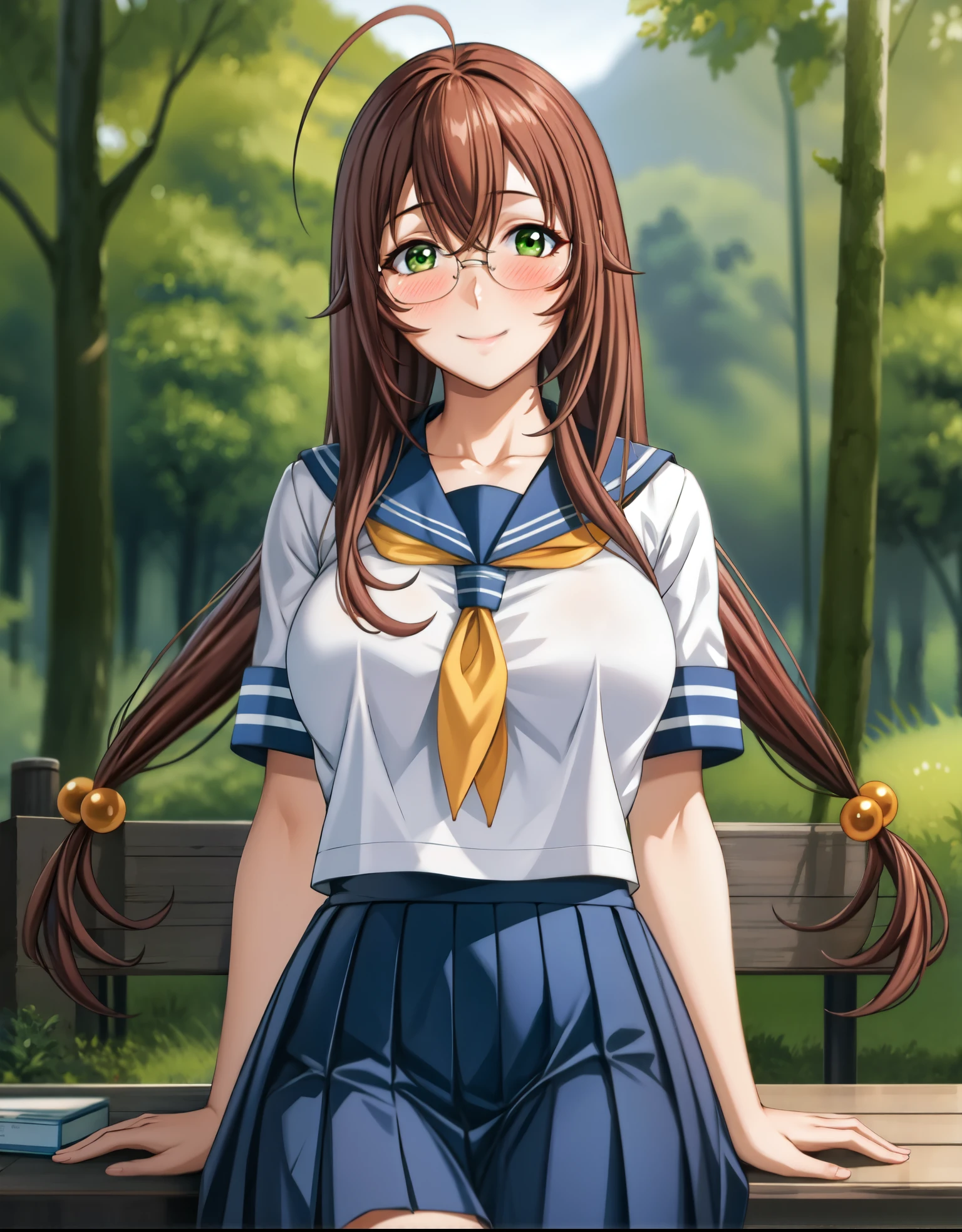 perfect eyes:1.2, detailed eyes:1.4, ahoge, rubygentokuwz, twintails, brown hair, smile, skindentation, tight clothes, blush, nature, glossy skin, very long hair, green eyes, school uniform, serafuku, pleated skirt, blue skirt, hair ornament, large breasts, glasses, cowboy shot, 1girl, solo, (masterpiece:1.6, best quality), 8k, insane details, intricate details, hyperdetailed, hyper quality, high detail, ultra detailed, professional, HDR, ray tracing reflection, cinematic lighting,