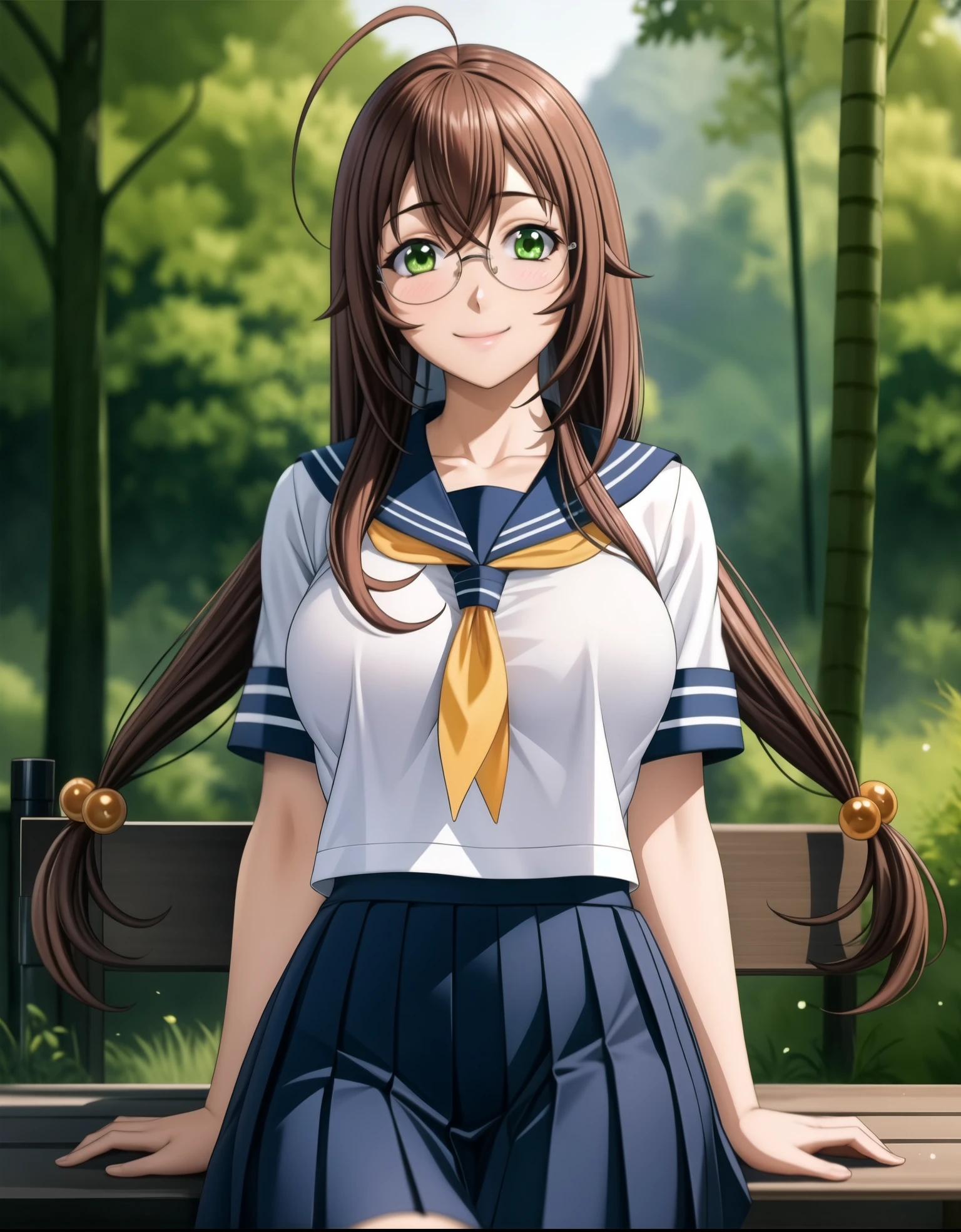 perfect eyes:1.2, detailed eyes:1.4, ahoge, rubygentokuwz, twintails, brown hair, smile, skindentation, tight clothes, blush, nature, glossy skin, very long hair, green eyes, , serafuku, pleated skirt, blue skirt, hair ornament, large breasts, glasses, cowboy shot, 1girl, solo, (masterpiece:1.6, best quality), 8k, insane details, intricate details, hyperdetailed, hyper quality, high detail, ultra detailed, professional, HDR, ray tracing reflection, cinematic lighting,