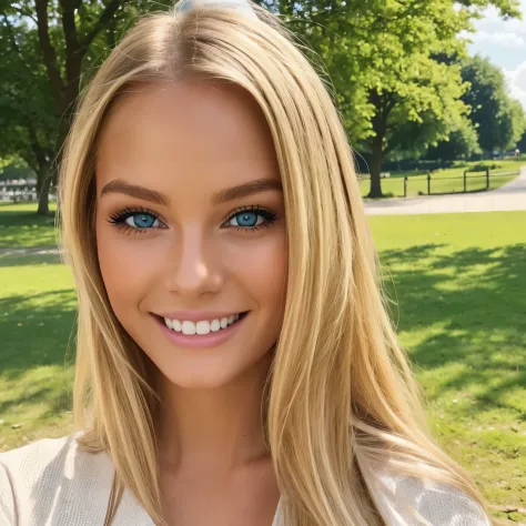 eine volle Aufnahme eines blonden Instagram-Models, Eine lockere Passform tragen, alltagskleidung, with a seductive look, Smilel...