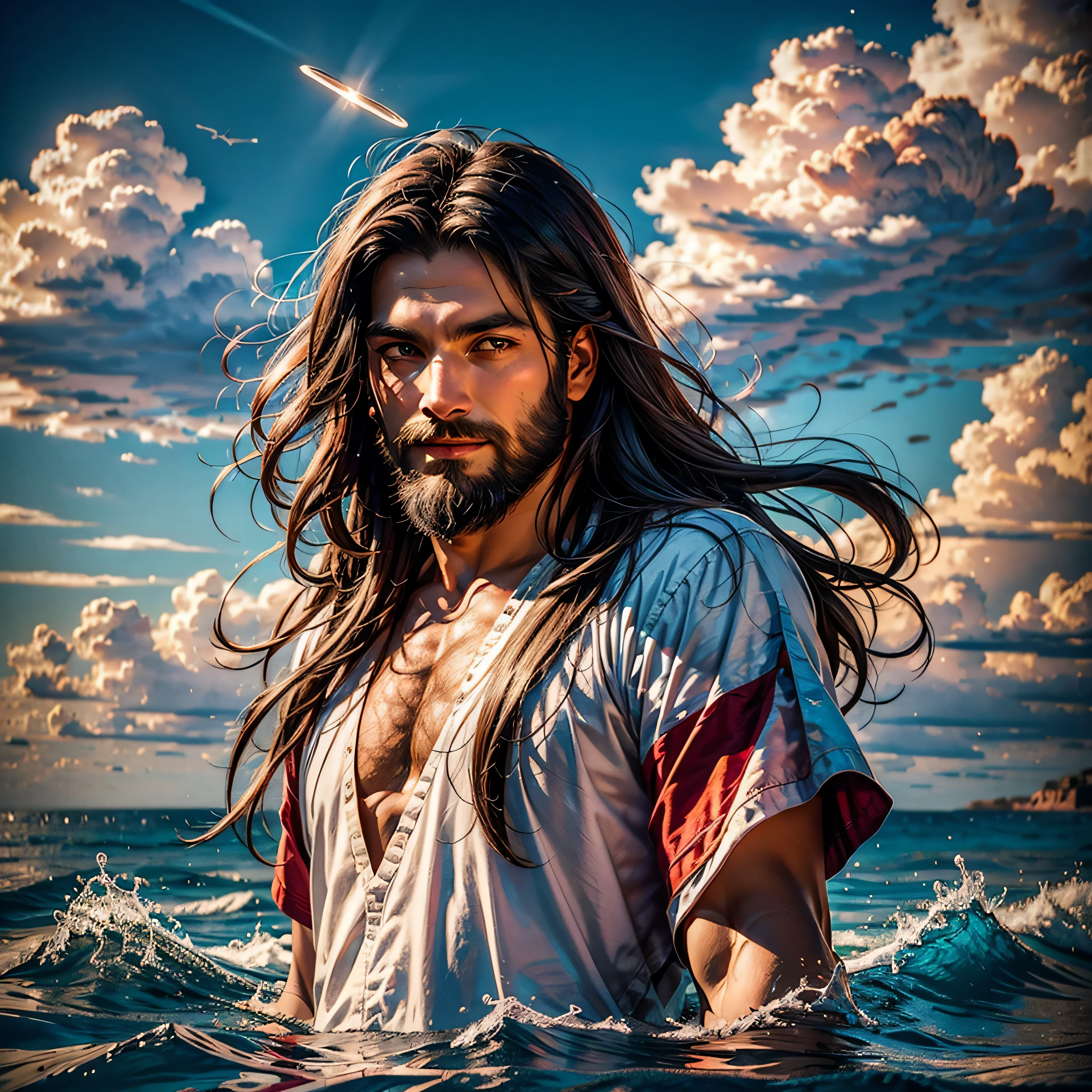 Pôr do sol Espaçoso nascer do sol, Um belo deus Jesus Cristo ( jesus) blessing to the sky 35 years old com a long brown hair and long beard, mulher curativa, heaven blessings light com a cross background) cara feliz, ultra pro-realista ,A beautiful ultra-thin realista portrait of Jesus, o profeta, um homem de 30 anos, moreno e de origem hebraica, Cabelo castanho curto, olhos realmente perfeitos, longa barba castanha, com, ajudar pessoas , vestindo túnica longa de linho fechada na parte do peito, em vista frontal, corpo todo, bíblico, ultra pro-realista,por Diego Velázquez,Pedro Paulo Rubens,Rembrandt,Alex Ross,8K, arte conceitual, ultra pro Photorealista, realista, ilustração, pintura a óleo, Surrealismo, Hyperrealista, ajudar pessoas , arte digital, estilo, watercolorReal Jesus flying on sky com a flying cloud in the background, Jesus andando sobre as águas, bíblico illustration, epic bíblico representation, forçando-o a fugir, saindo do oceano, ! segurando na mão!, desembarcando, deus do oceano, bela representação, Modelo 3D, realista, a 3D realista of jesus com a halo in the sky, Jesus Cristo, sorrindo no céu, portrait of Jesus Cristo, rosto de jesus, 35 jovem deus todo-poderoso, retrato de um deus celestial, Greg Olsen, gigachad jesus, Jesus de Nazaré, jesus, a face de deus, Deus olhando para mim, ele está cumprimentando você calorosamente, ele está feliz, imagem de avatar crie um ambiente hipnotizante.ótimo brilho_manchado de cor_sunLight meticulosamente intrincado ultra_ultra detalhes_high-res hyper pro-Photo-realista ultra_ultra de alta qualidade_alta definição UHD XT3 DSLR HDR extrema melhorado Octane-renderizado opengl-shaders glsl-shader romm rgb pbr shading 3DCG fxaa iluminação global cgi vfx sfx fkaa txaa rtx ssao pós-processamento pós-produção cell-shading mapeamento de tom Ultra_nitidez foco preciso máximo saturar reflexo analógico Vívido DSLR luminescência codificada por cores volumétrico Cinematográfico_Nascer do sol relâmpago contraste incandescente cristalinos floração zentangle floração variada multi etc. --s 1000 --c 20 --q 20 --caos 100