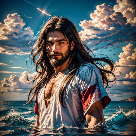 Sunset Spacious Sunrise sunshine, A handsome god Jesus christ ( jesus) blessing to the sky 35 years old with a long brown hair a...