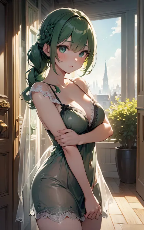 (Unity 16K Wallpaper, Masterpiece, Best Quality, Ultra Detailed, Extremely Detailed CG, Ultra High Resolution, Caustics, Detailed, Beautiful Detailed Eyes, solo, curby:1.3, negligee, dutch angle), fine skin, green hair, french braid
