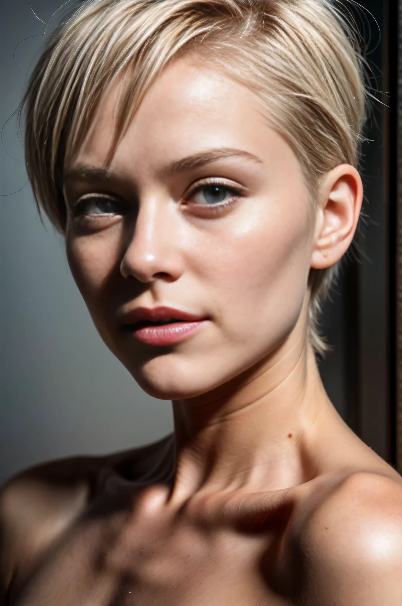 A close up of a woman with a very short blond hair - SeaArt AI